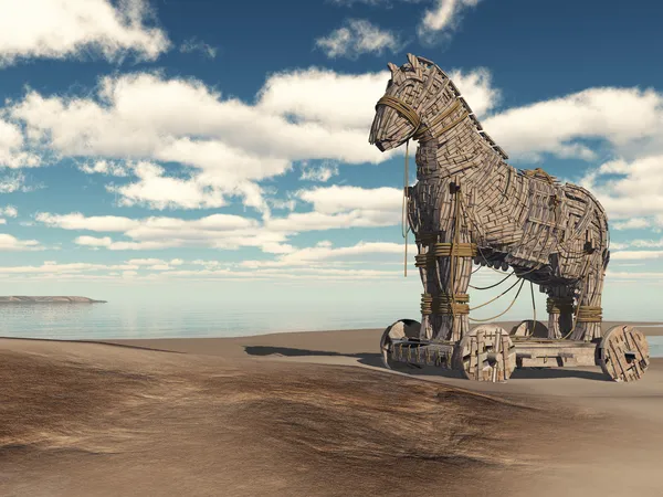 A wood trojan horse in a deserted beach, peaceful scenery blue sky with white clouds. 