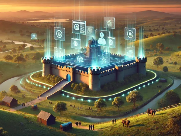 A fortress sits on a hill, surrounded by green fields, with projected digital screens floating above it.