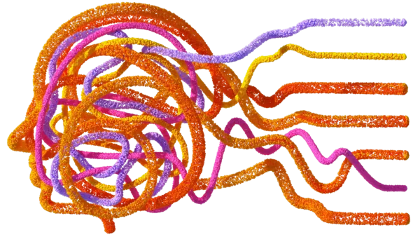 An abstract illustration of a human head and brain made up of strands of data.