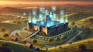 A fortress sits on a hill, surrounded by green fields, with projected digital screens floating above it.